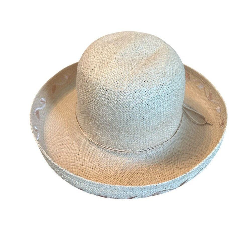 Vintage Women's Straw Sun Hat Wide Brim Embroidered Trim 100% Paper OS Vacation - Picture 3 of 7